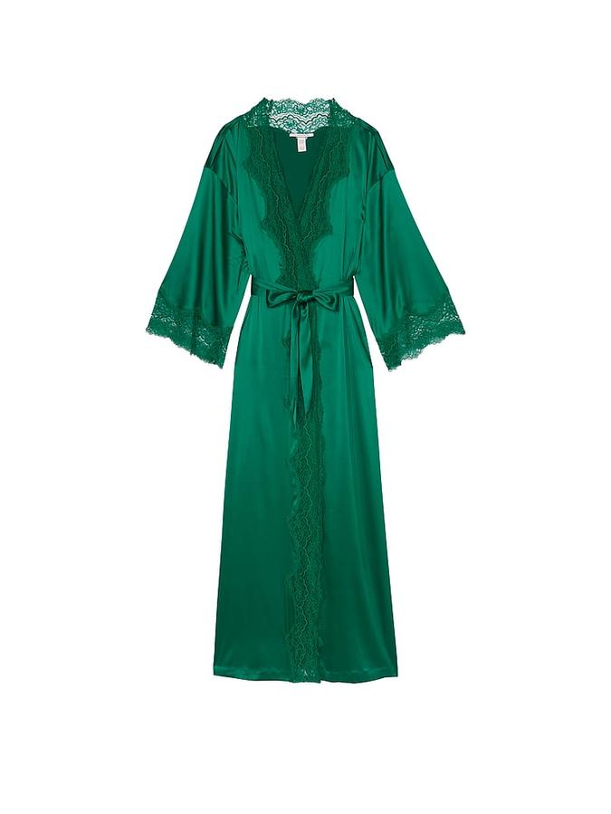 Green Lace-Trim Satin Long Robe