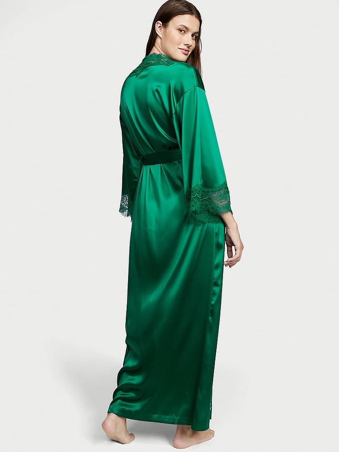 Green Lace-Trim Satin Long Robe