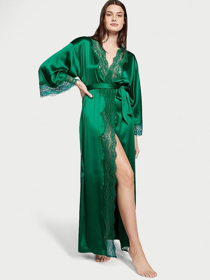 Green Lace-Trim Satin Long Robe