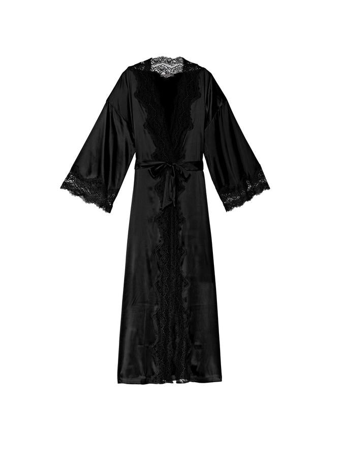 Black Lace-Trim Satin Long Robe