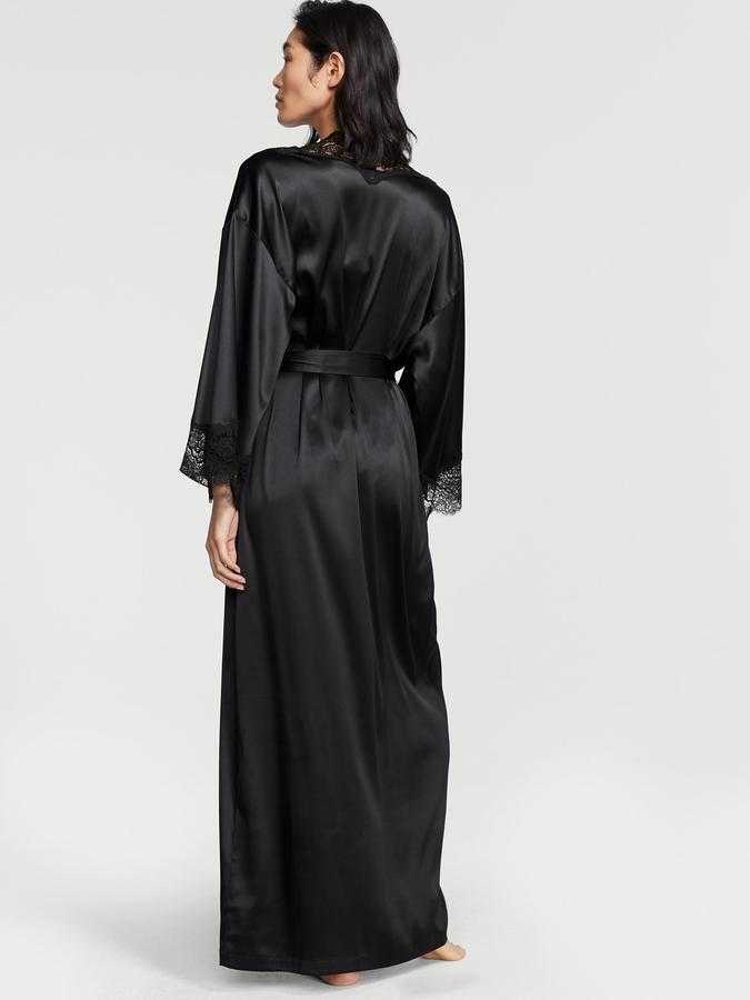 Black Lace-Trim Satin Long Robe