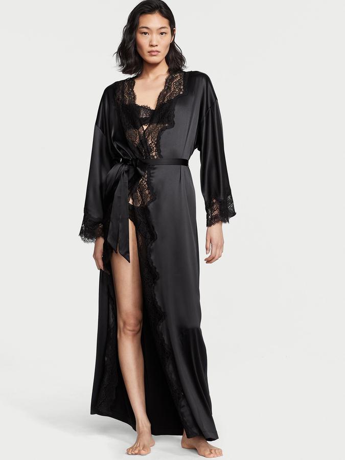 Black Lace-Trim Satin Long Robe