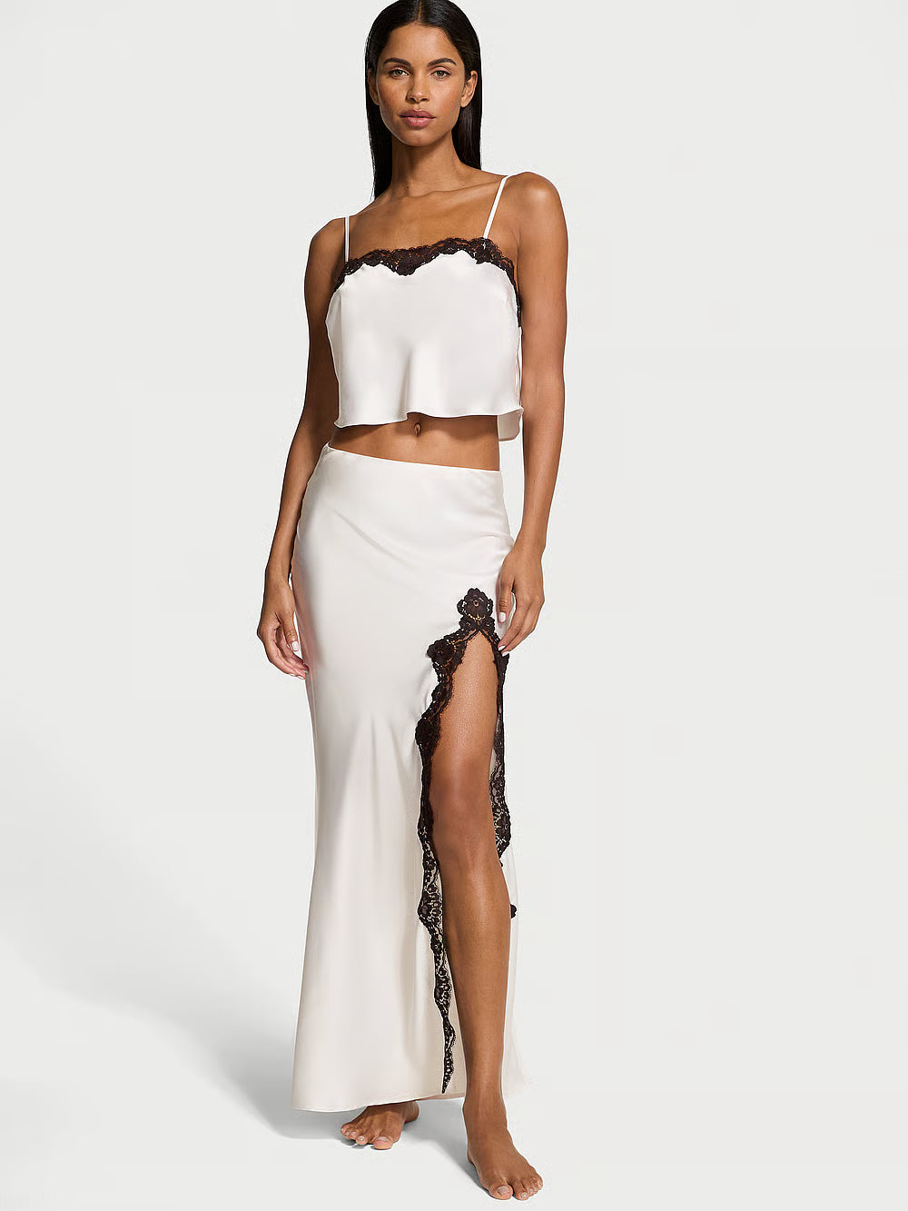 Satin Lace-Trim Cropped Top & Slip Skirt Set