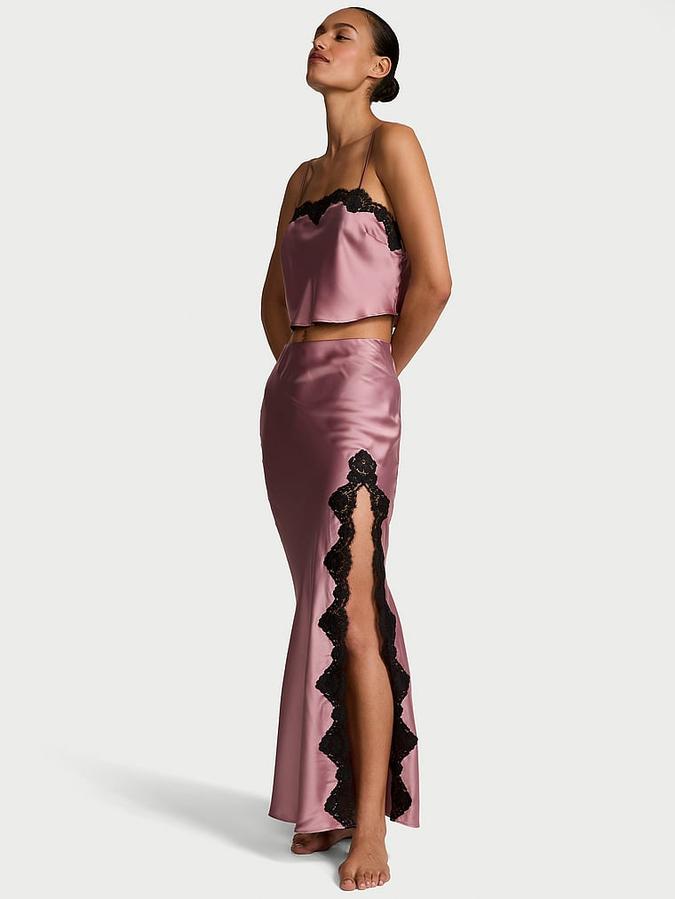 Satin Lace-Trim Cropped Top & Slip Skirt Set