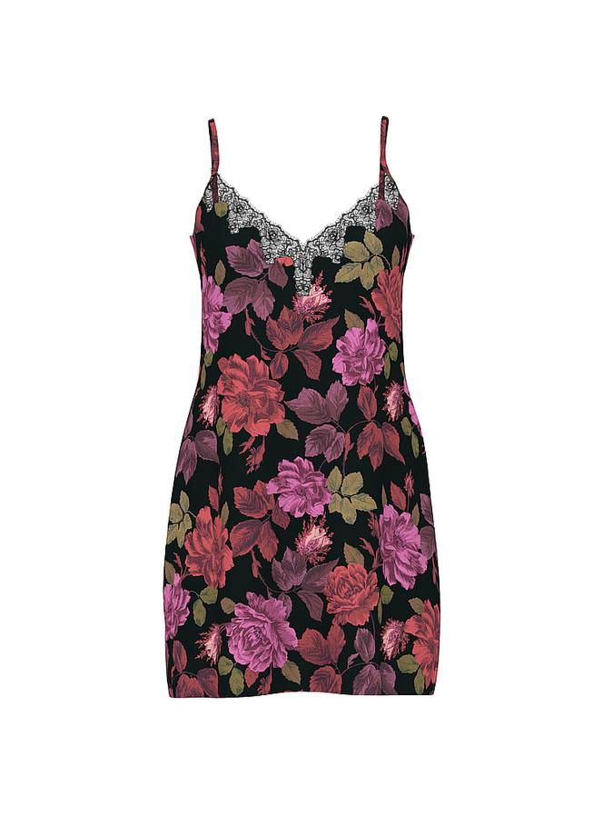 Satin Rose Lace-Trim Mini Slip Dress