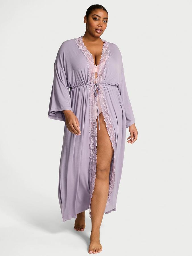 Ribbed Modal Lace-Trim Long Robe