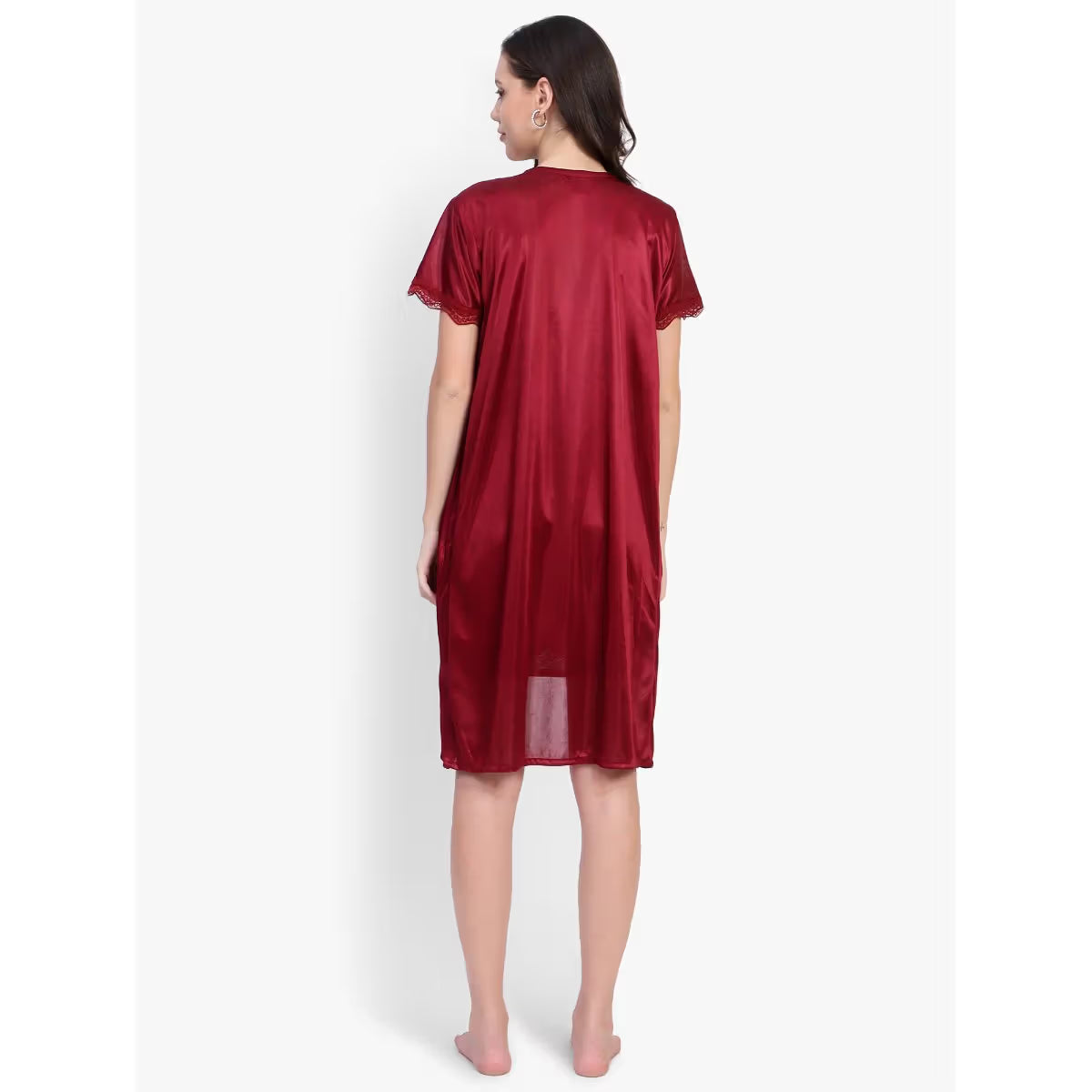 Women maroon Satin Self Design Short Night Dress & Robe