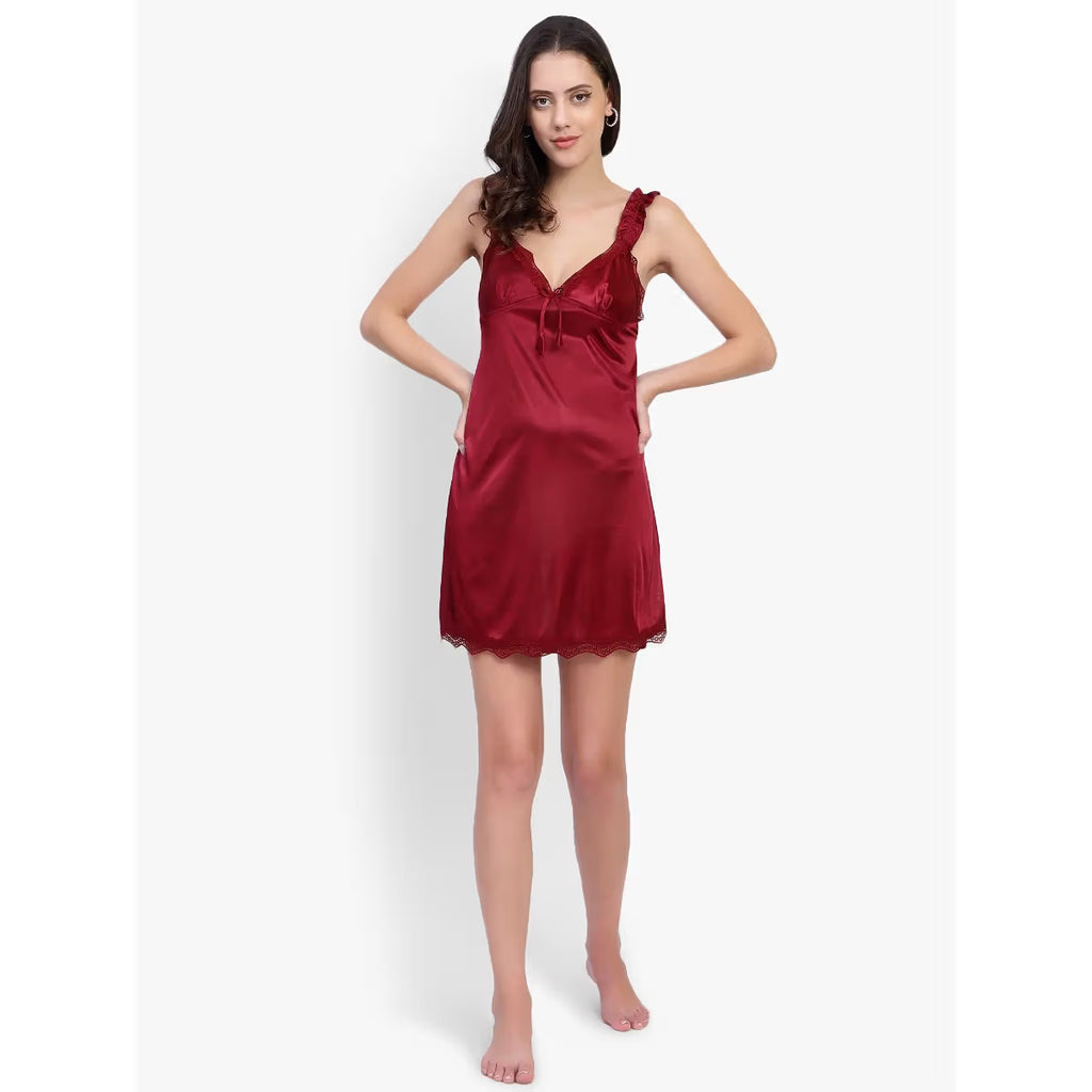 Women maroon Satin Self Design Short Night Dress & Robe